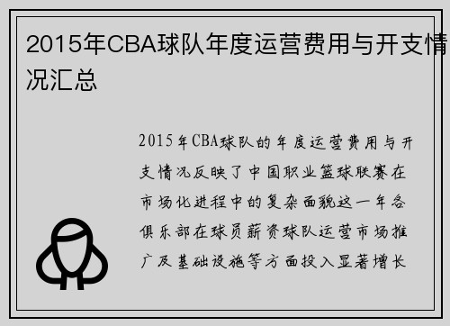 2015年CBA球队年度运营费用与开支情况汇总